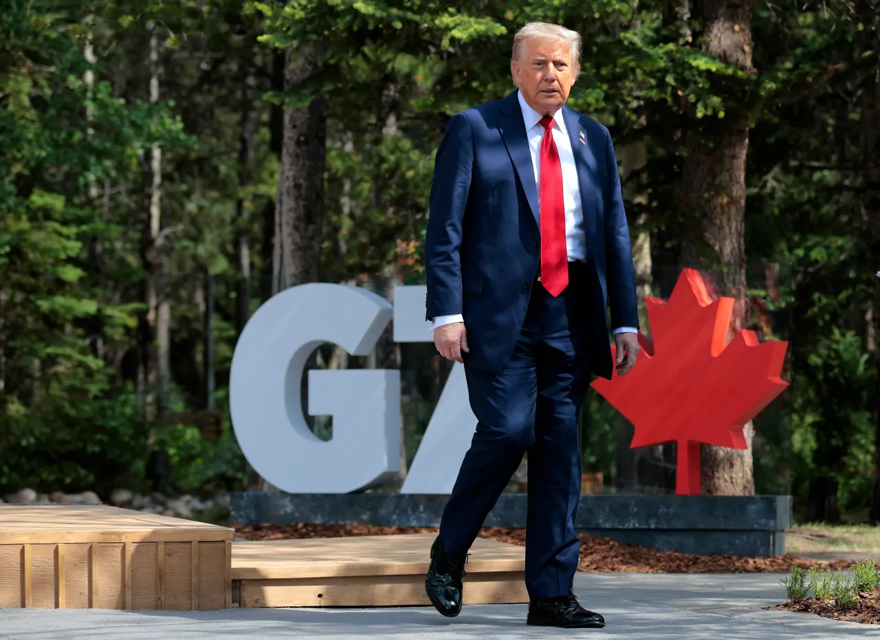  U.S. President Donald Trump arrives for the official welcome ceremony during the G7 Leaders' Summit on June 16, 2025.