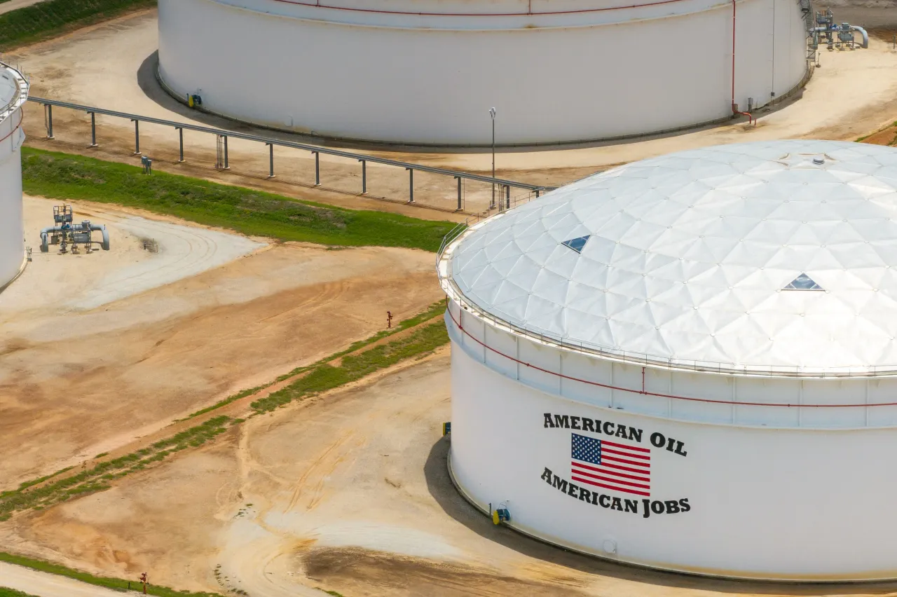  In an aerial view, oil storage tanks are seen at the Enterprise Sealy Station on June 19, 2025 in Sealy, Texas. 