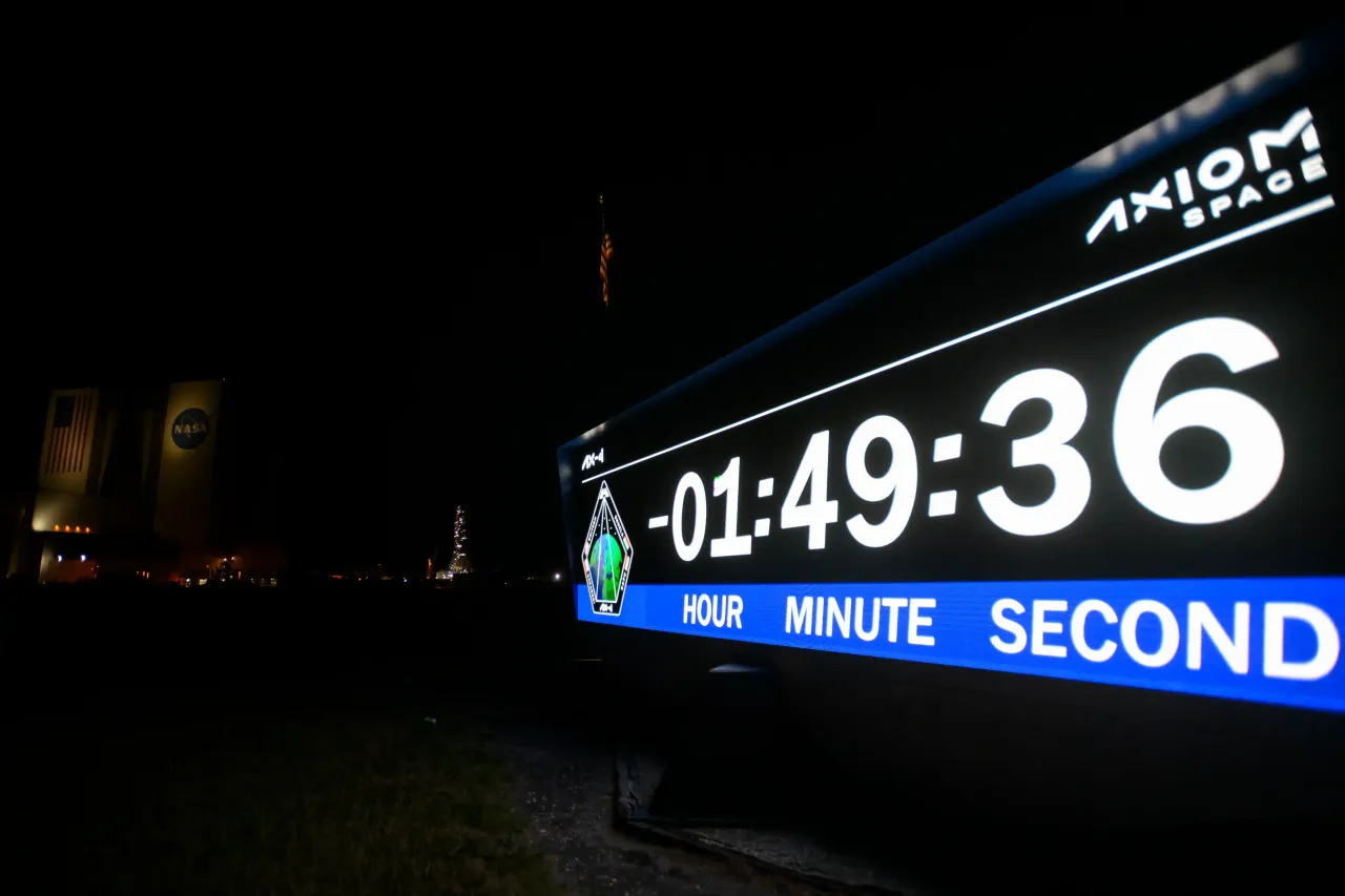 An Axiom Space display is seen before the launch of Axiom Mission on June 25, 2025, in Cape Canaveral, Florida. (Photo by Miguel J. Rodriguez Carrillo/Getty Images)