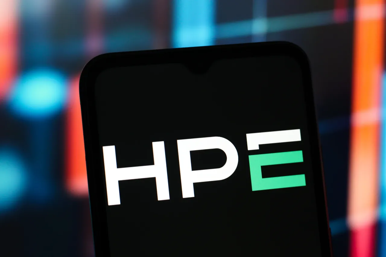In this photo illustration, the Hewlett Packard Enterprise (HPE) logo is seen displayed on a smartphone screen. 