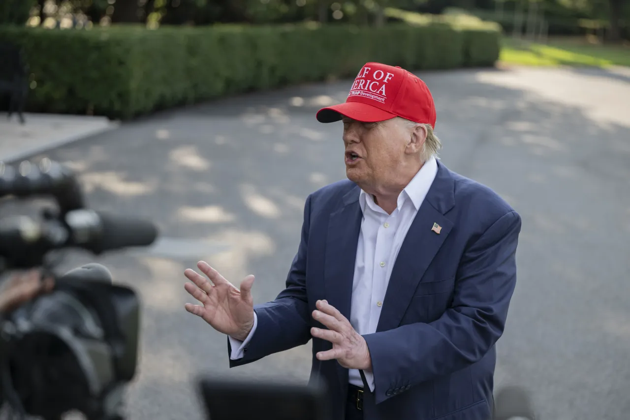 United States President Donald Trump speaks to the Press before departs at the White House to Alligator Alcatraz, Florida on July 1, 2025, in Washington DC, United States. (Photo by Celal Gunes/Anadolu via Getty Images)