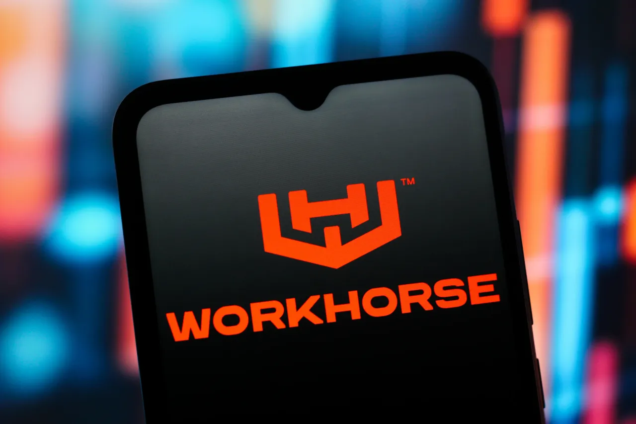 In this photo illustration, the Workhorse Group logo is seen displayed on a smartphone screen. (Photo Illustration by Thomas Fuller/SOPA Images/LightRocket via Getty Images)