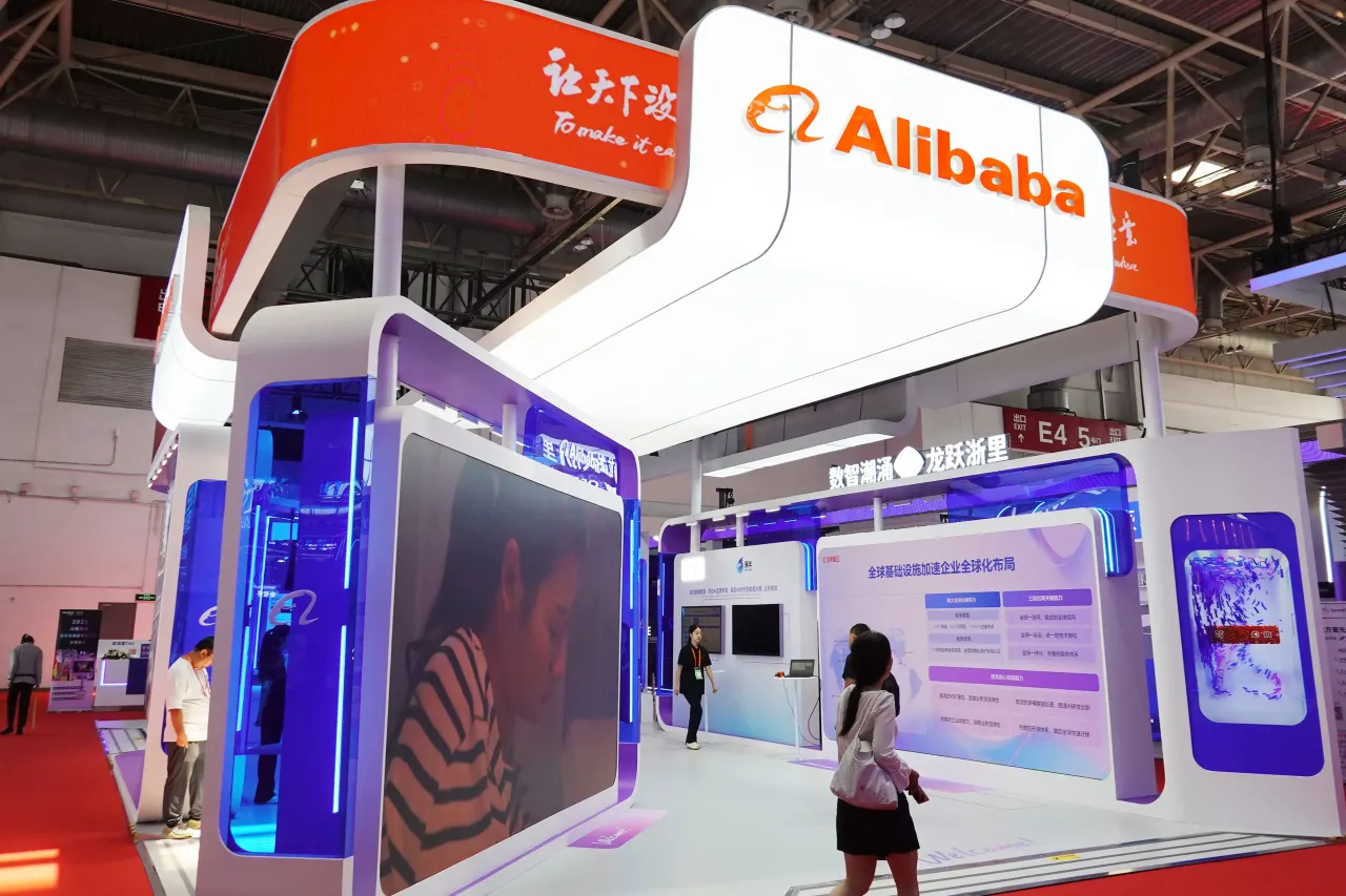 The Alibaba booth at the 3rd China International Supply Chain Expo, pictured on 18 August 2025. (Photo by Sheldon Cooper/SOPA Images/LightRocket via Getty Images)