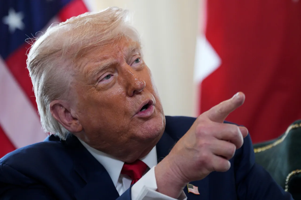 Donald Trump gestures during a meeting with British Prime Minister Keir Starmer (not pictured) on July 28, 2025 in Turnberry, Scotland. (Photo by Christopher Furlong/Getty Images)