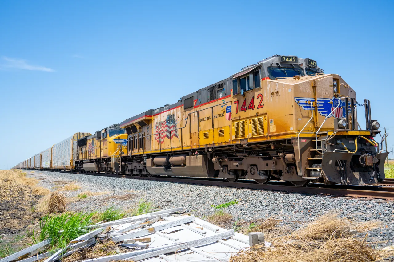 A Union Pacific freight train travels on July 29, 2025 in Hutto, Texas.