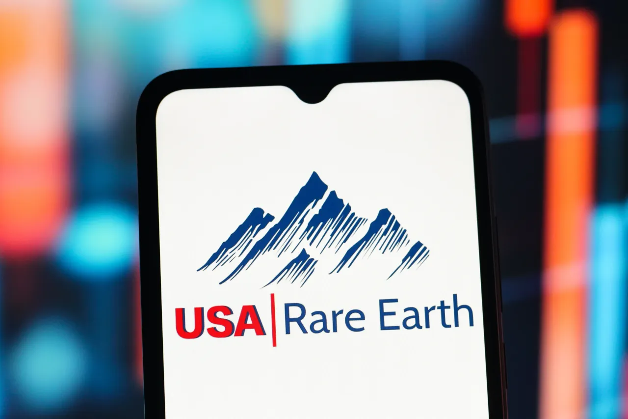 In this photo illustration, the USA Rare Earth logo is seen displayed on a smartphone screen. (Photo Illustration by Thomas Fuller/SOPA Images/LightRocket via Getty Images)