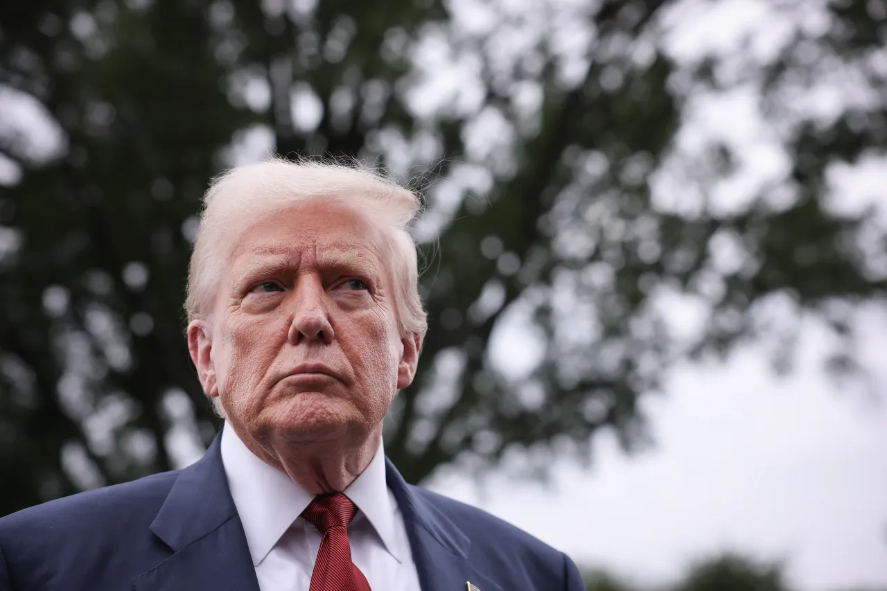 U.S. President Donald Trump speaks to the media as he departs the White House on August 01, 2025 in Washington, DC. 