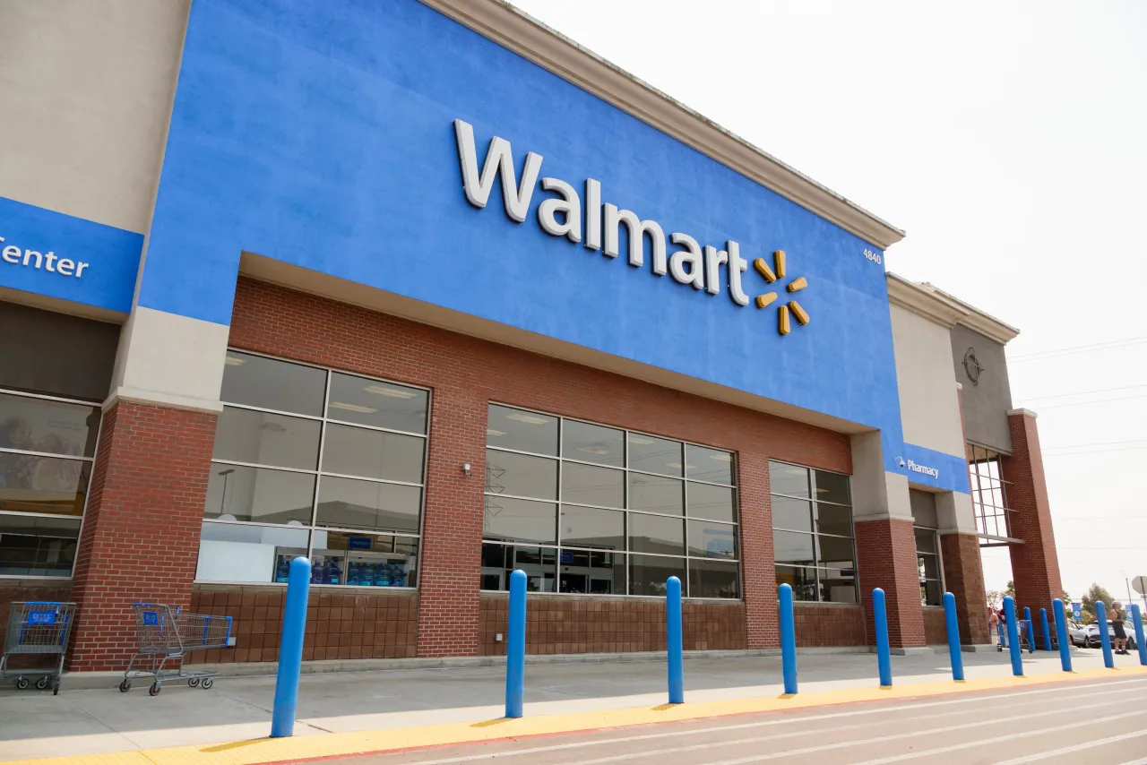 A Walmart logo is displayed outside one of their stores on August 2, 2025 in San Diego, California. 