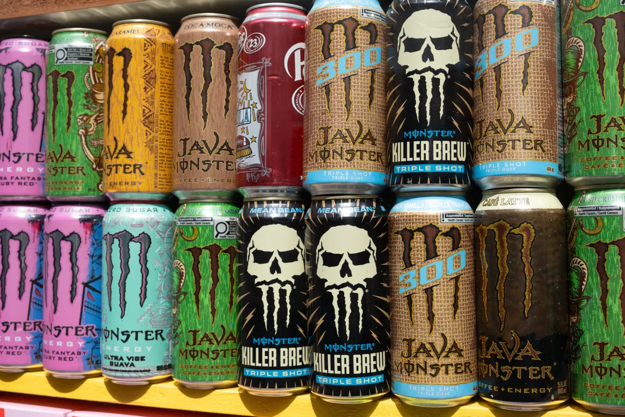 Cans of the energy drinks brand Monster Energy displayed in a store in London, United Kingdom. (Photo by Mike Kemp/In Pictures via Getty Images)