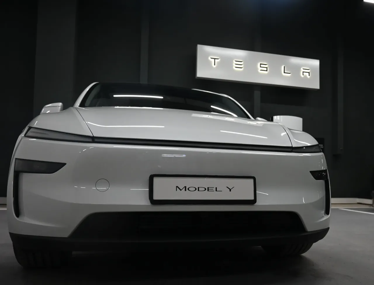 Tesla Model Y car on display as it opens first Delhi-NCR showroom at Aerocity on August 11, 2025 in New Delhi, India.