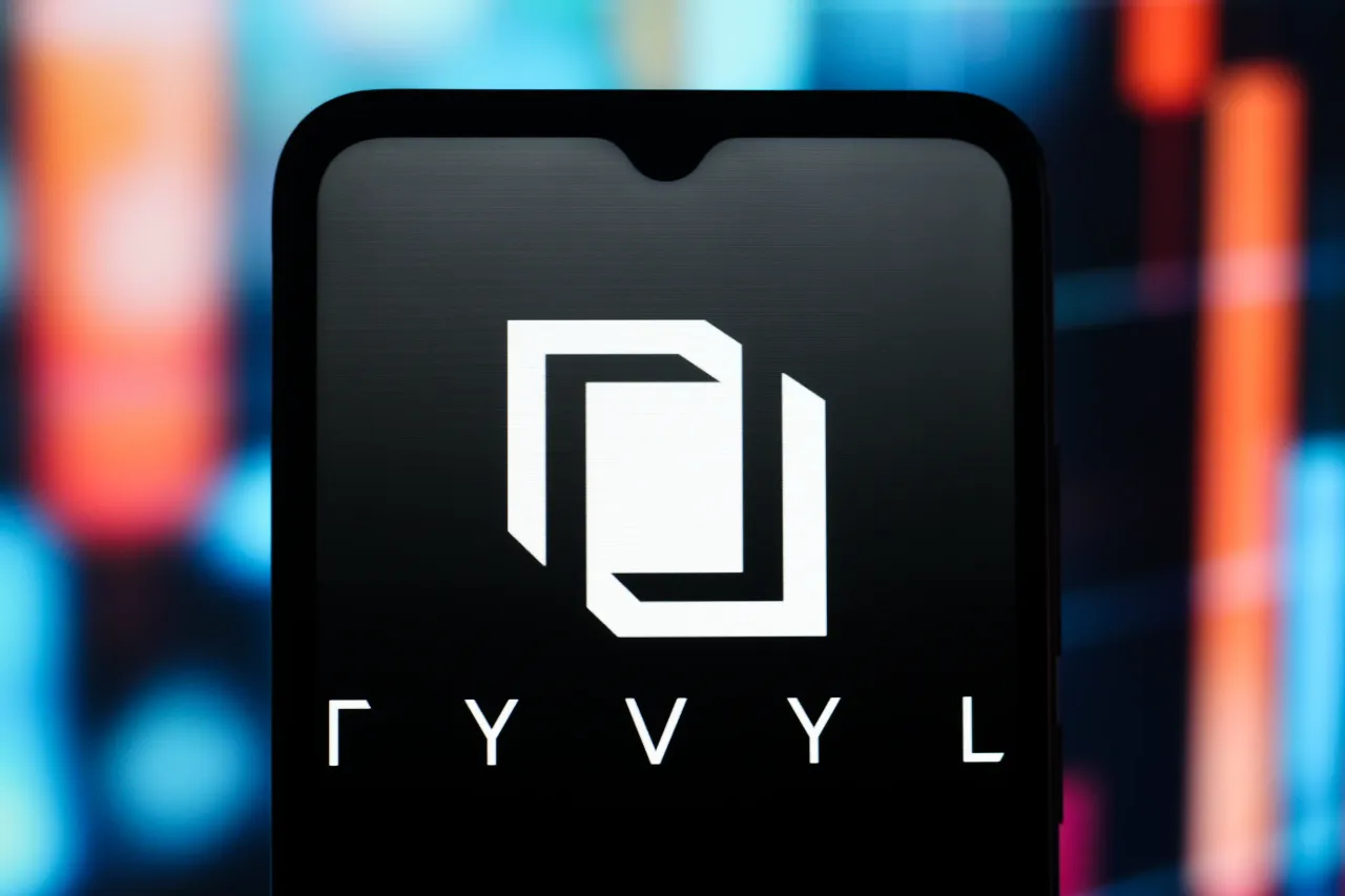 In this photo illustration, the RYVYL logo is seen displayed on a smartphone screen. (Photo Illustration by Thomas Fuller/SOPA Images/LightRocket via Getty Images)