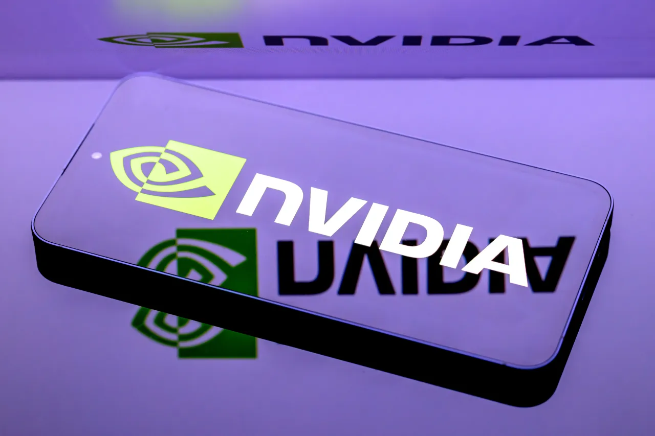 The NVIDIA logo is displayed on a mobile phone. (Photo by Jonathan Raa/NurPhoto via Getty Images)