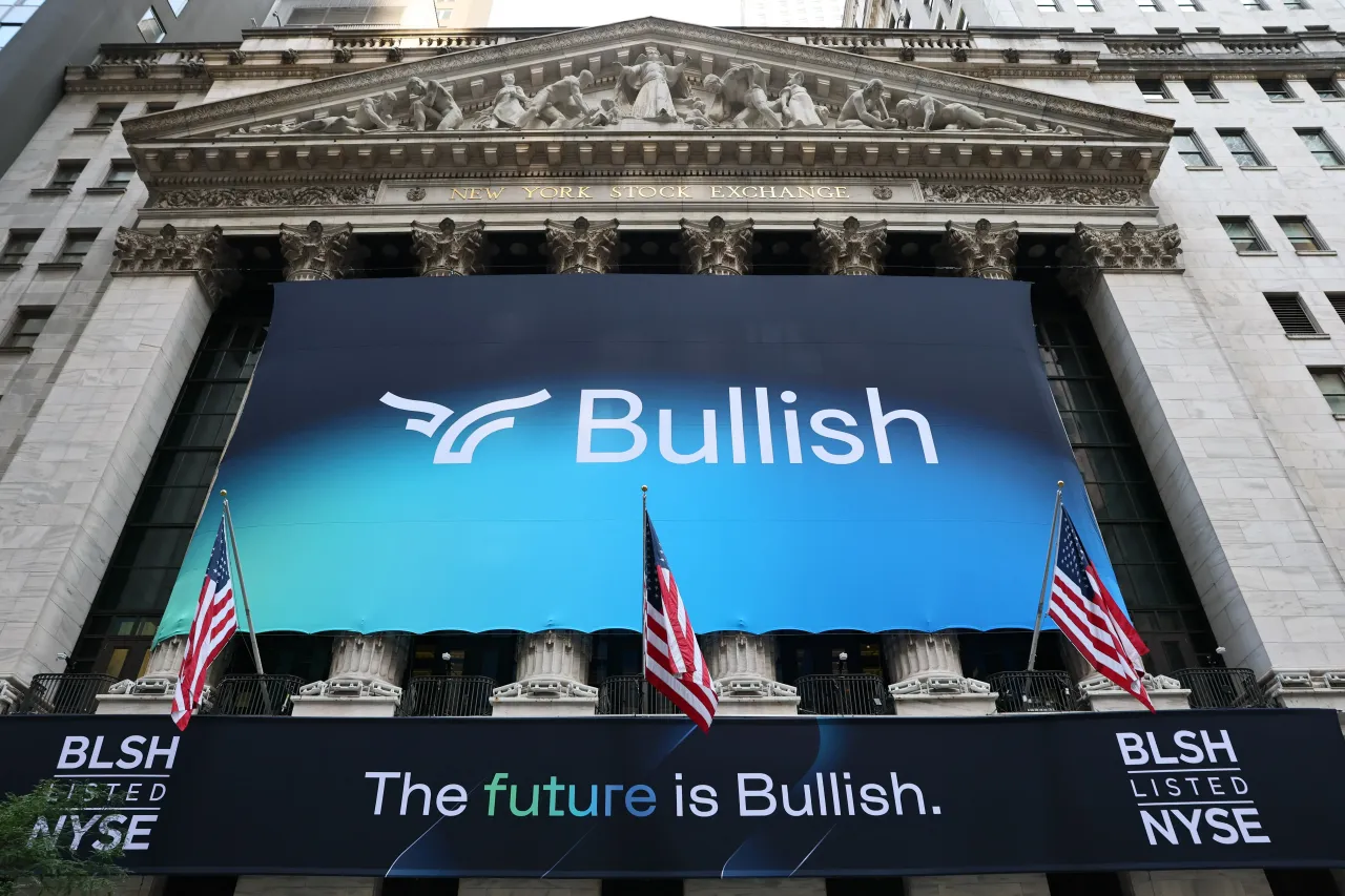 The company logo of cryptocurrency exchange Bullish is displayed on a banner at the New York Stock Exchange during morning trading on August 13, 2025 in New York City.