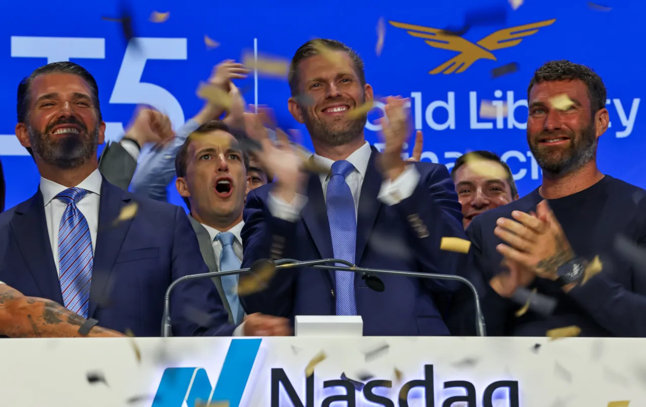 Eric Trump (center), the newly appointed ALT5 Board Director of World Liberty Financial, is joined by his brother and ALT5 Board Observer Donald Trump Jr. (left), Zach Witkoff (center left). (Photo by Spencer Platt/Getty Images)