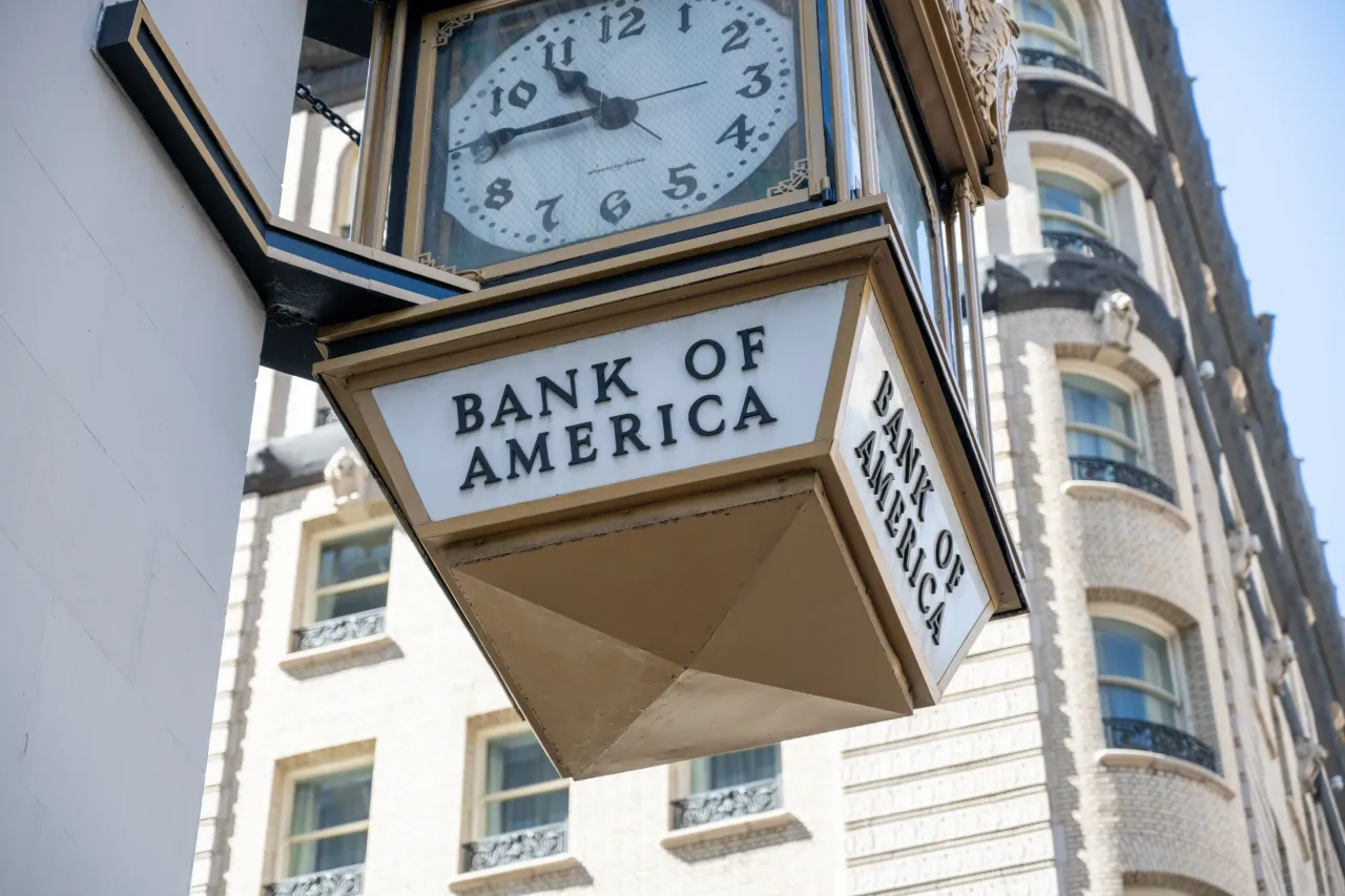 Bank of America street clock mounted on exterior corner of historic building, San Francisco, California, August 14, 2025. (Photo by Smith Collection/Gado/Getty Images)