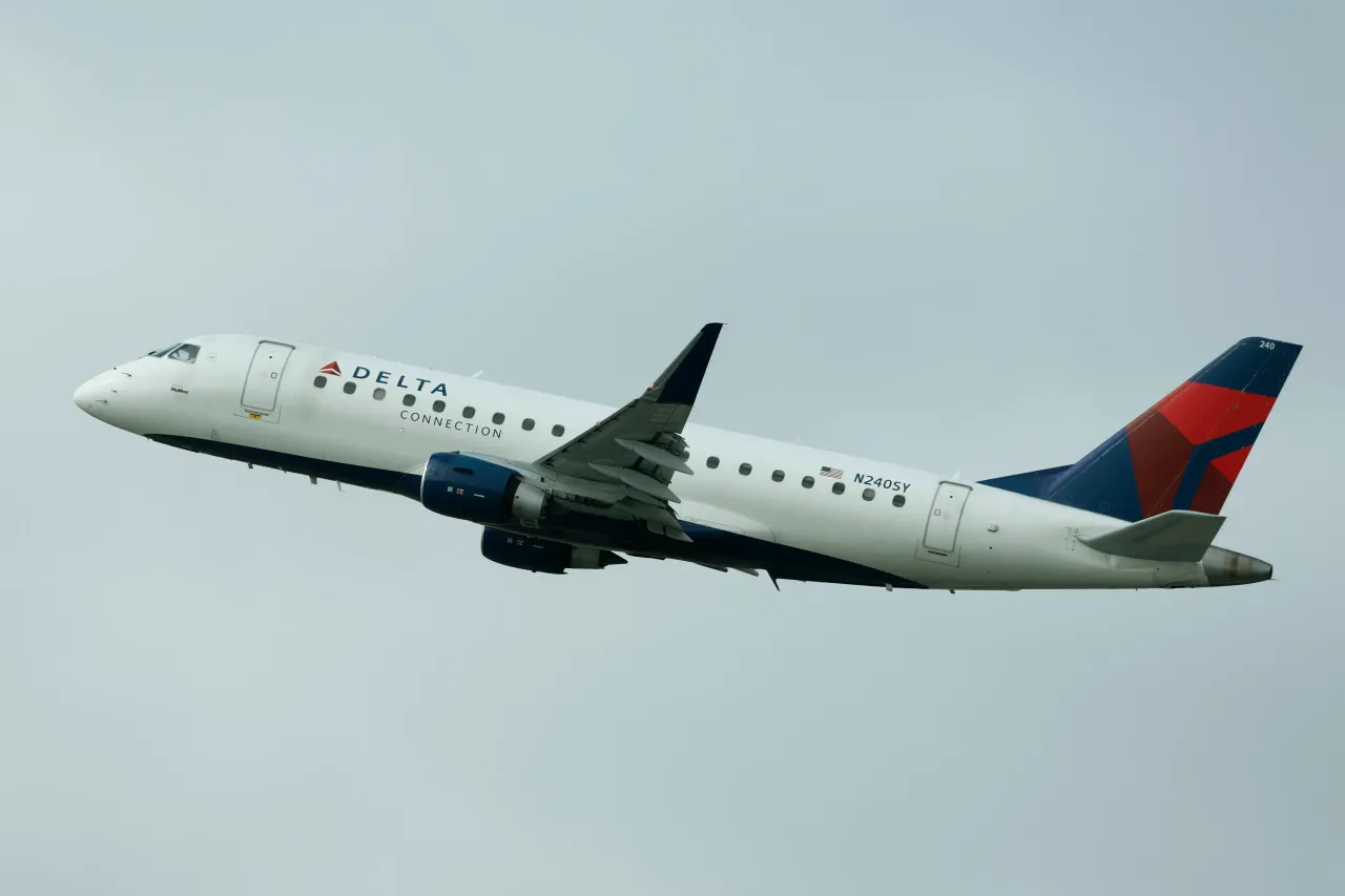 A Delta Connection Embraer E175LR departs San Diego International Airport on August 15, 2025 in San Diego, California. (Photo by Kevin Carter/Getty Images)