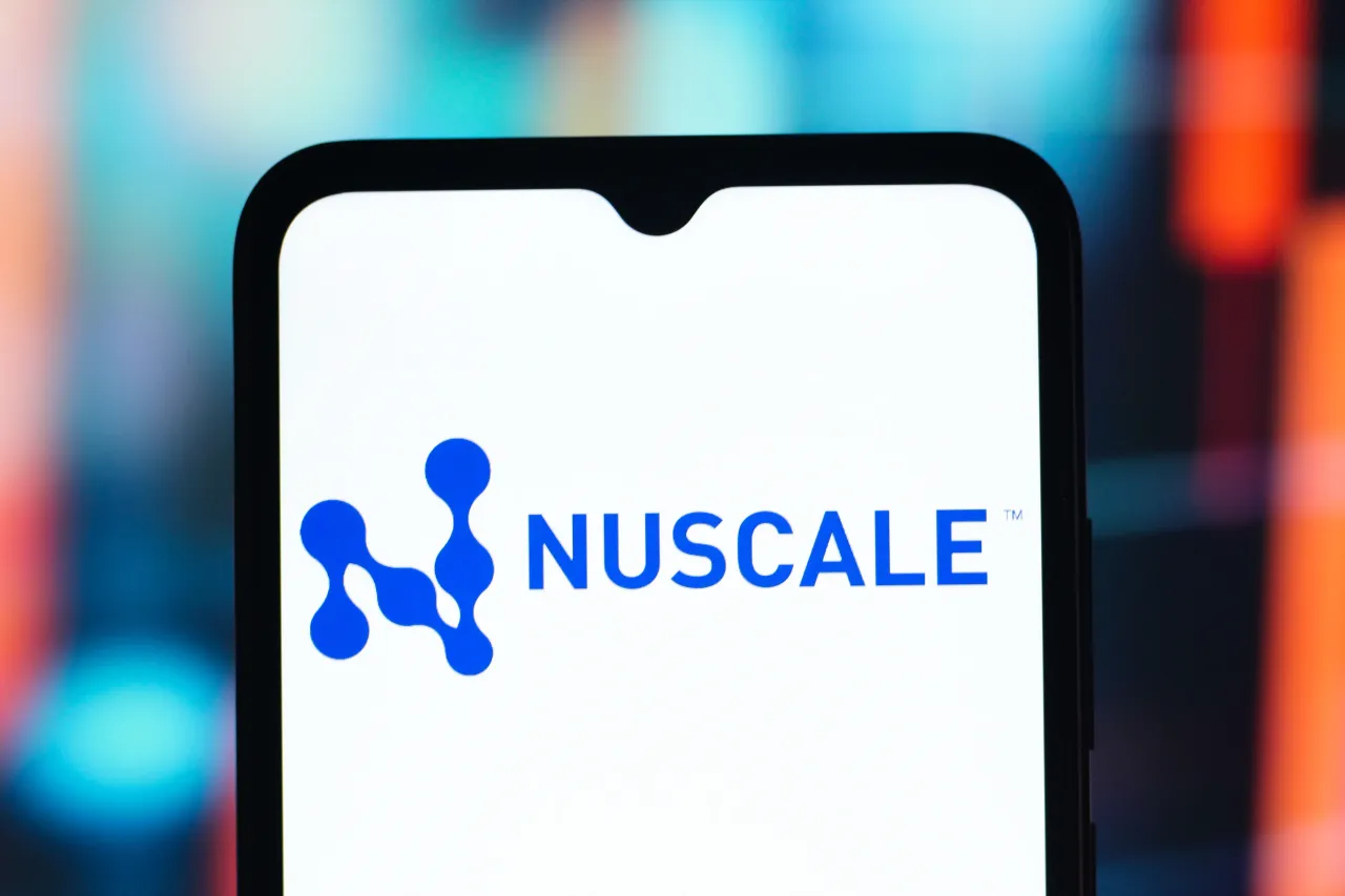 In this photo illustration, the NuScale Power Corporation (Nu Scale) logo is seen displayed on a smartphone screen. (Photo Illustration by Thomas Fuller/SOPA Images/LightRocket via Getty Images)