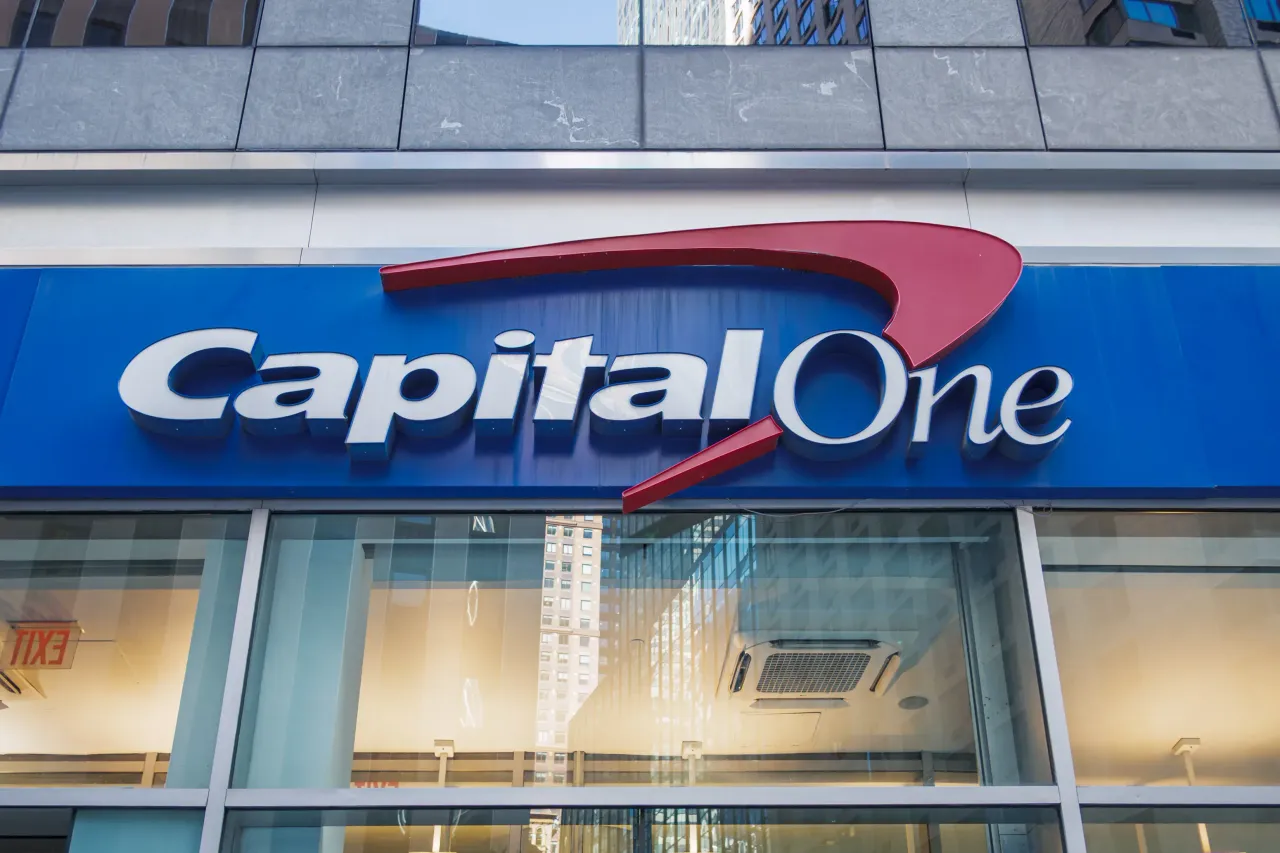  Sign at the entrance to a Capital One Bank branch in Manhattan. (Photo by Erik McGregor/LightRocket via Getty Images)