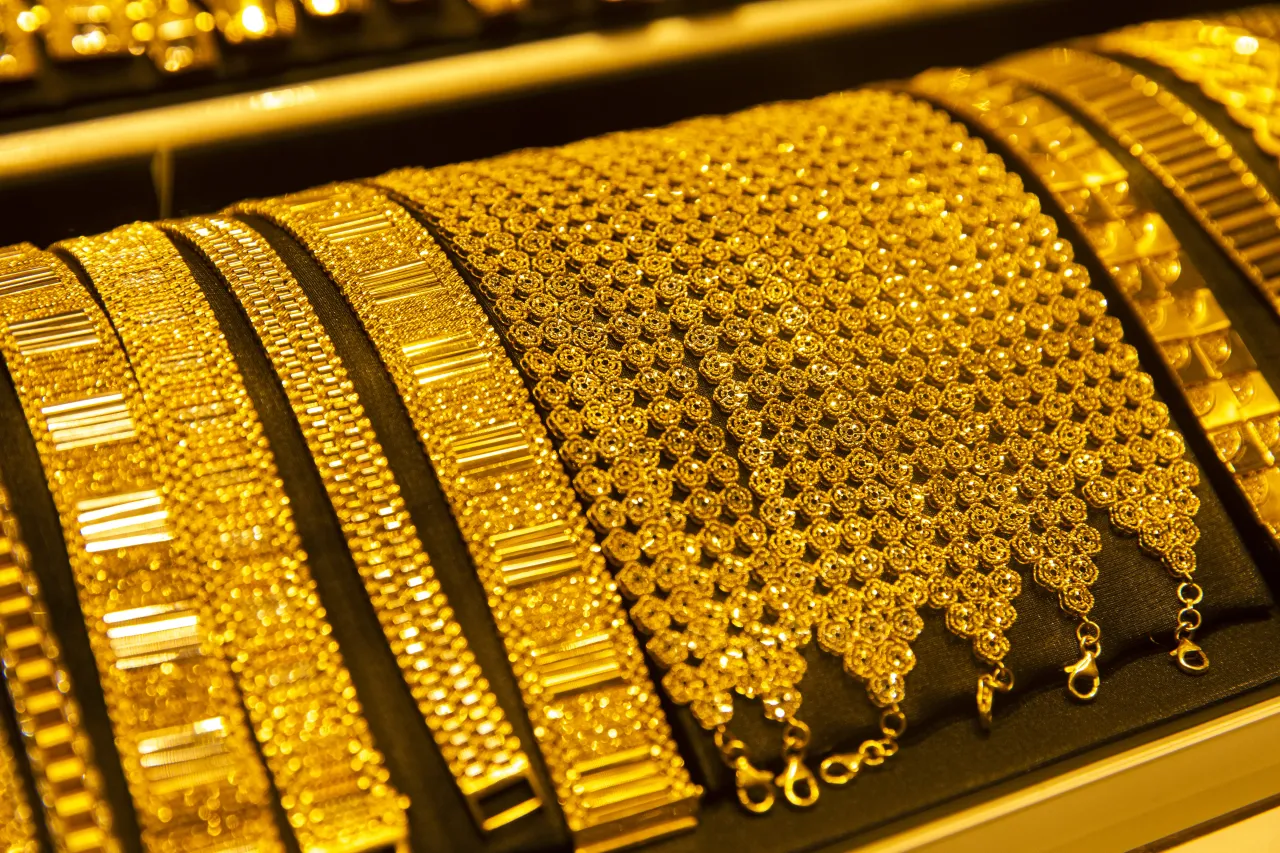  A view from a jewelry store, displaying various golden bracelets in Erbil, Iraq on September 16, 2025.