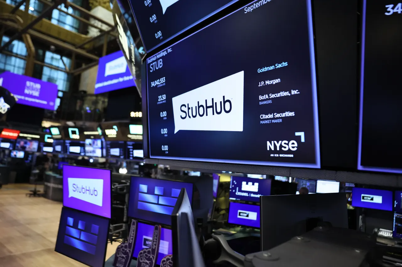 The Stubhub company logo is displayed on the floor of the New York Stock Exchange during morning trading on September 17, 2025. (Photo by Michael M. Santiago/Getty Images)