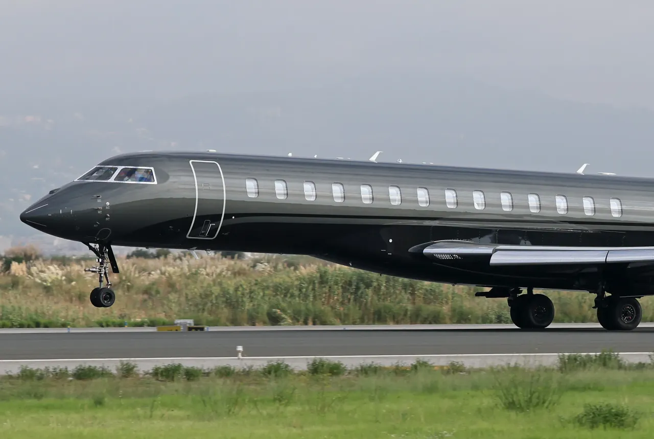 The Bombardier Global 7500, belonging to the Spanish multinational textile company Mango, takes off from Barcelona-El Prat Airport in Barcelona, Spain, on September 15, 2025. 
