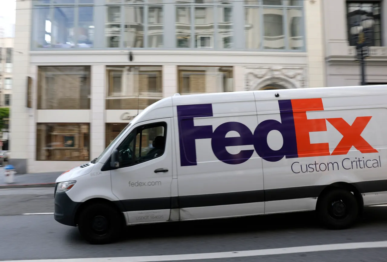 A FedEx truck is seen driving on September 18, 2025 in San Francisco, California.