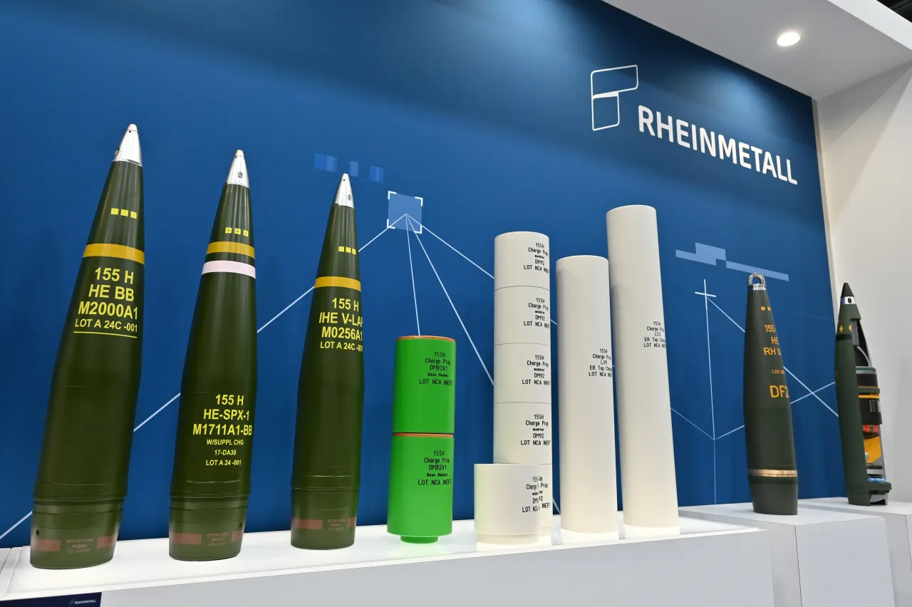 Various Rheinmetall 155mm artillery ammunition is displayed during the Security Equipment International (DSEI) at London Excel on September 09, 2025 in London, England.