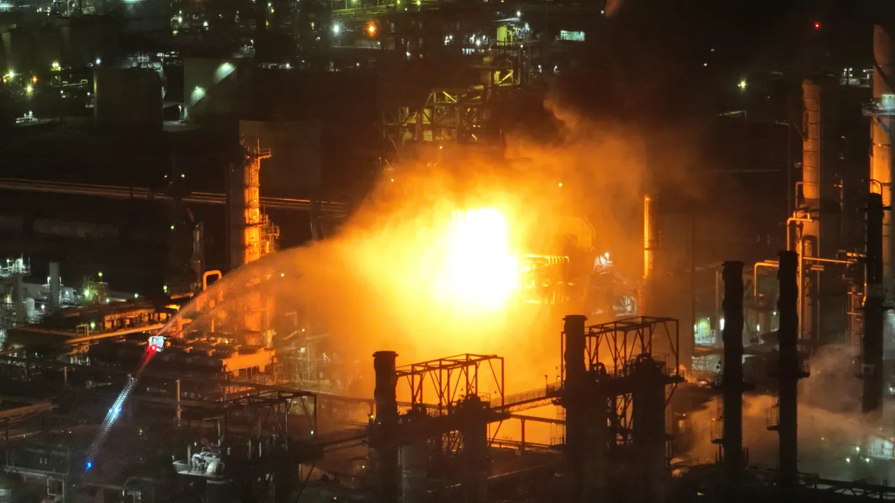 An aerial view of Chevron crews attempting to extinguish a large fire and explosion that occurred at Chevron Refinery in El Segundo Thursday, Oct. 2, 2025. (Allen J. Schaben / Los Angeles Times via Getty Images)