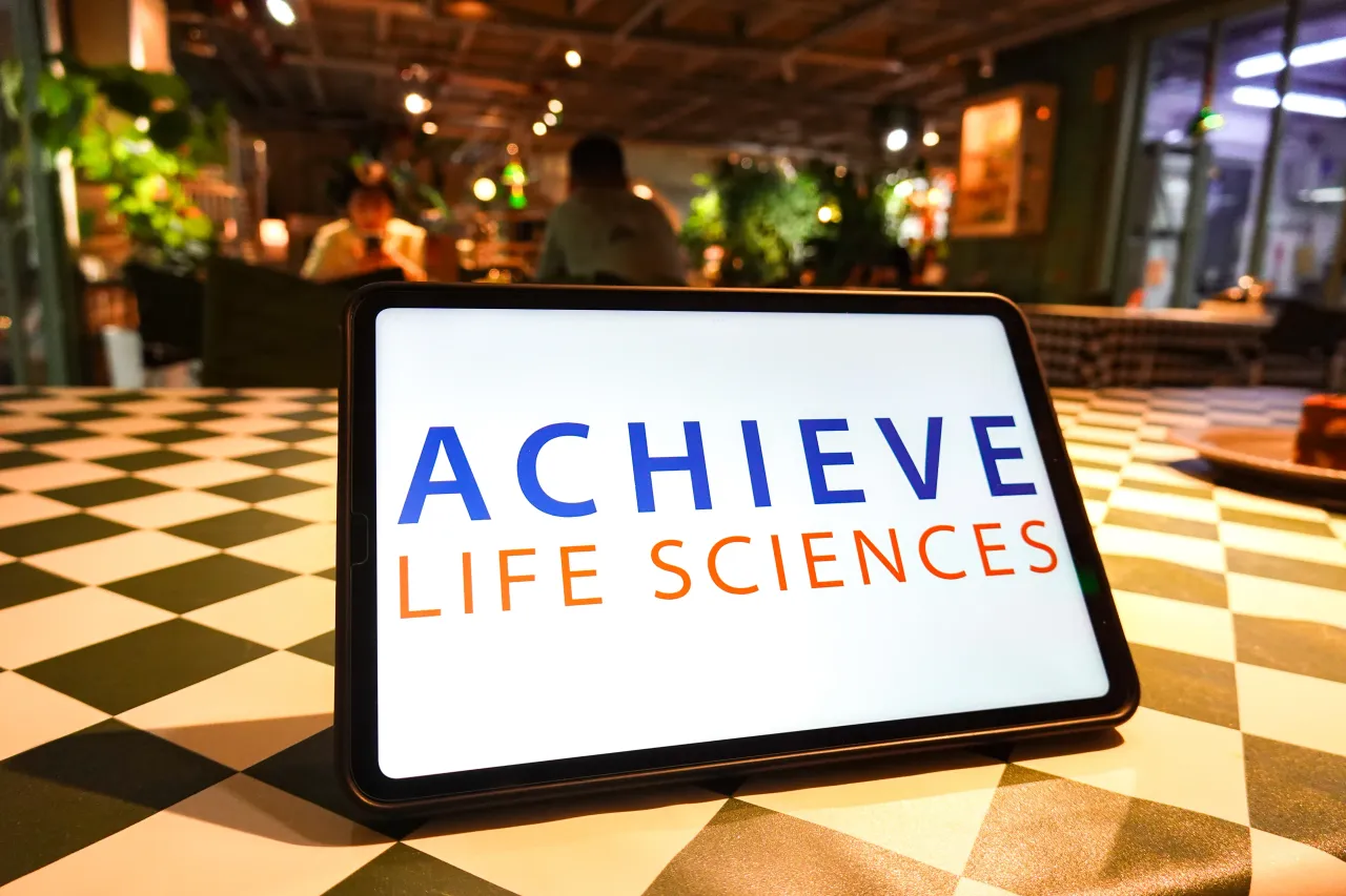In this photo illustration, the Achieve Life Sciences logo is displayed on the screen of a tablet. (Photo Illustration by Sheldon Cooper/SOPA Images/LightRocket via Getty Images)