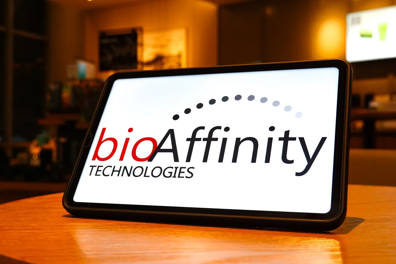 In this photo illustration, the BioAffinity Technologies logo is displayed on the screen of a tablet.