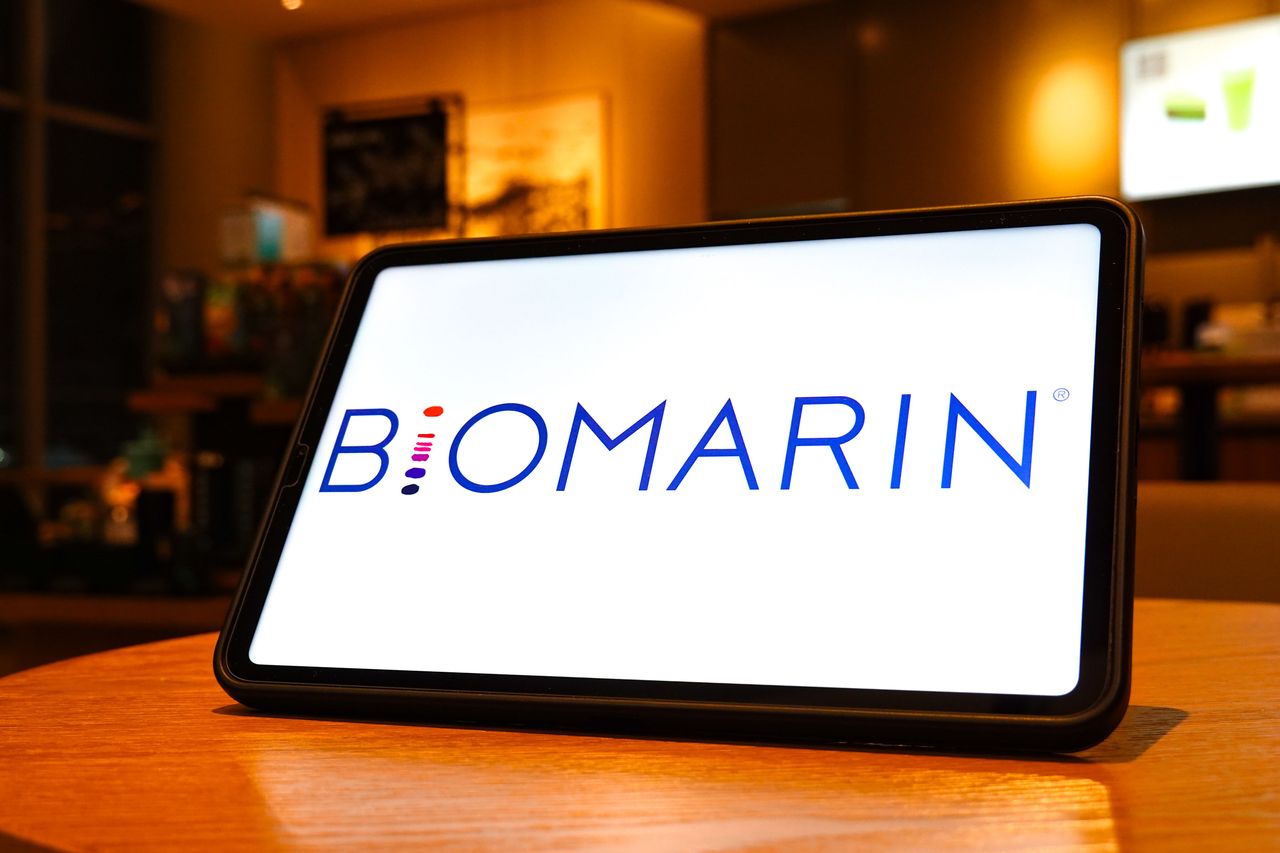 In this photo illustration, the BioMarin logo is seen displayed on the screen of a tablet. (Photo Illustration by Sheldon Cooper/SOPA Images/LightRocket via Getty Images)