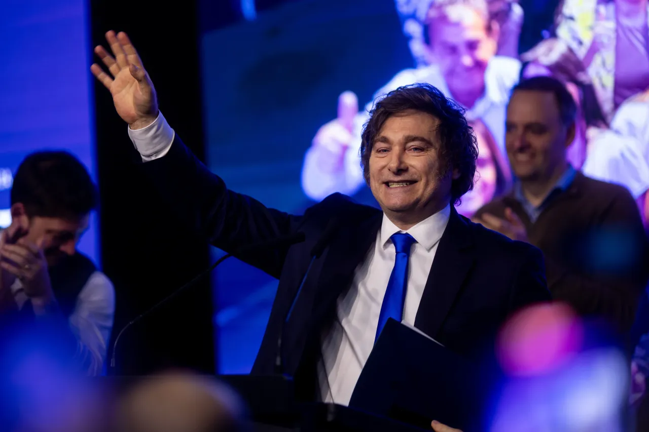 President of Argentina Javier Milei waves to supporters following the mid-term elections on October 26, 2025 in Buenos Aires, Argentina.