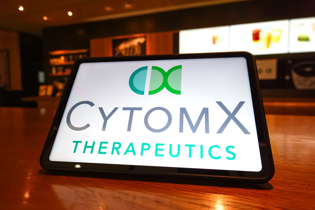 In this photo illustration, the CytomX Therapeutics logo is displayed on the screen of a tablet.