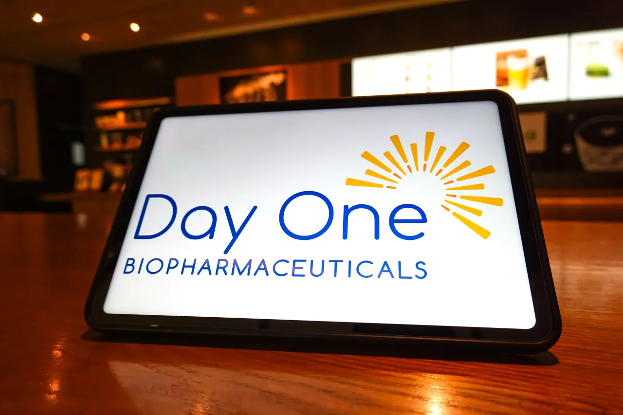 In this photo illustration, the Day One Biopharmaceuticals logo is displayed on the screen of a tablet.