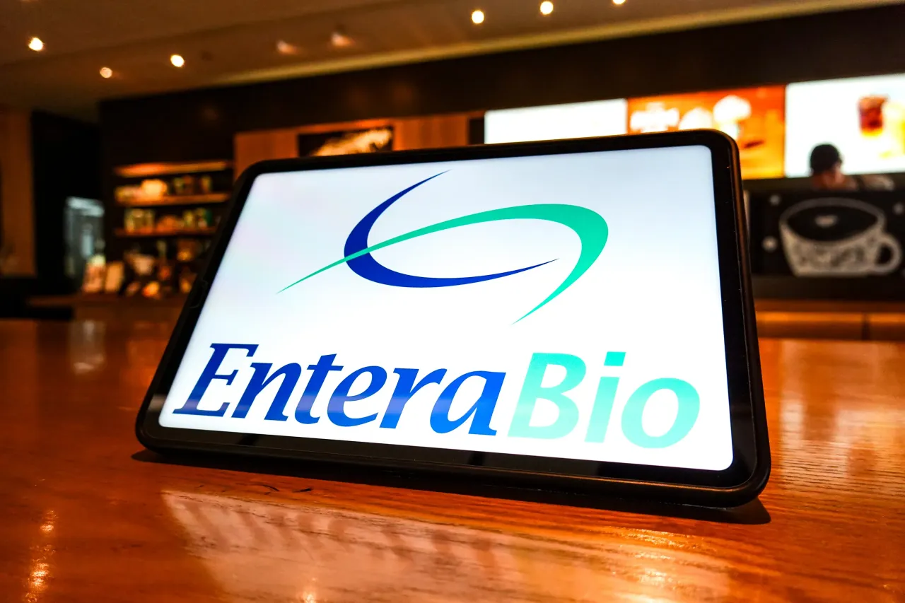 In this photo illustration, the Entera Bio Ltd. logo is displayed on the screen of a tablet. (Photo Illustration by Sheldon Cooper/SOPA Images/LightRocket via Getty Images)