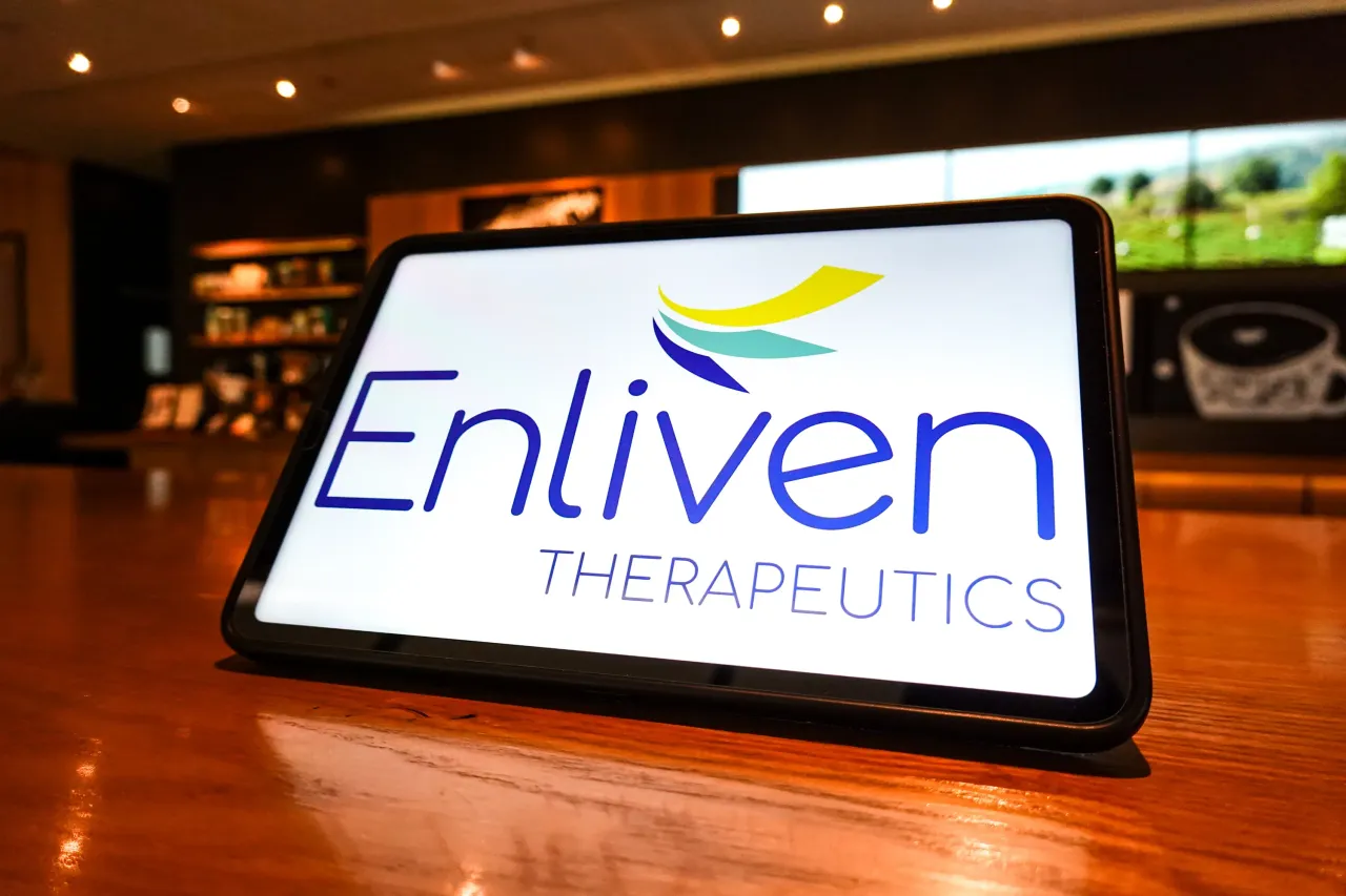 In this photo illustration, the Enliven Therapeutics, Inc. logo is displayed on the screen of a tablet. (Photo Illustration by Sheldon Cooper/SOPA Images/LightRocket via Getty Images)