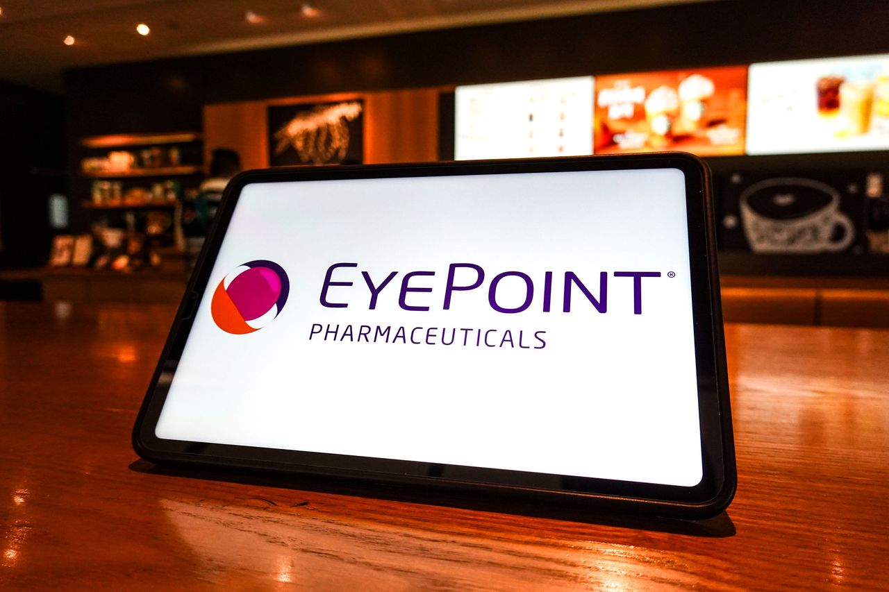 In this photo illustration, the EyePoint Pharmaceuticals logo is displayed on the screen of a tablet.