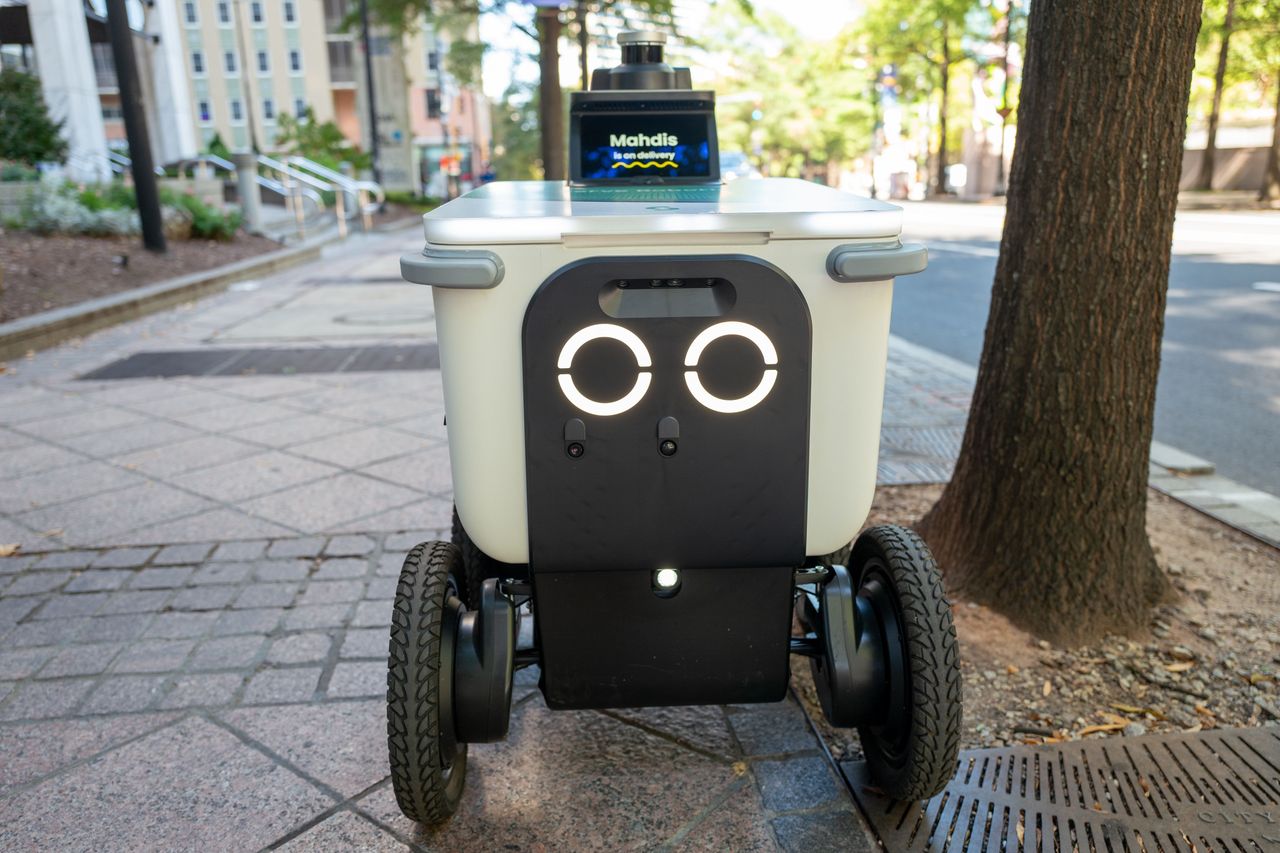 Serve Robotics autonomous delivery robot on the streets of downtown Atlanta, Georgia, United States, October 23, 2025. (Photo by Smith Collection/Gado/Getty Images)