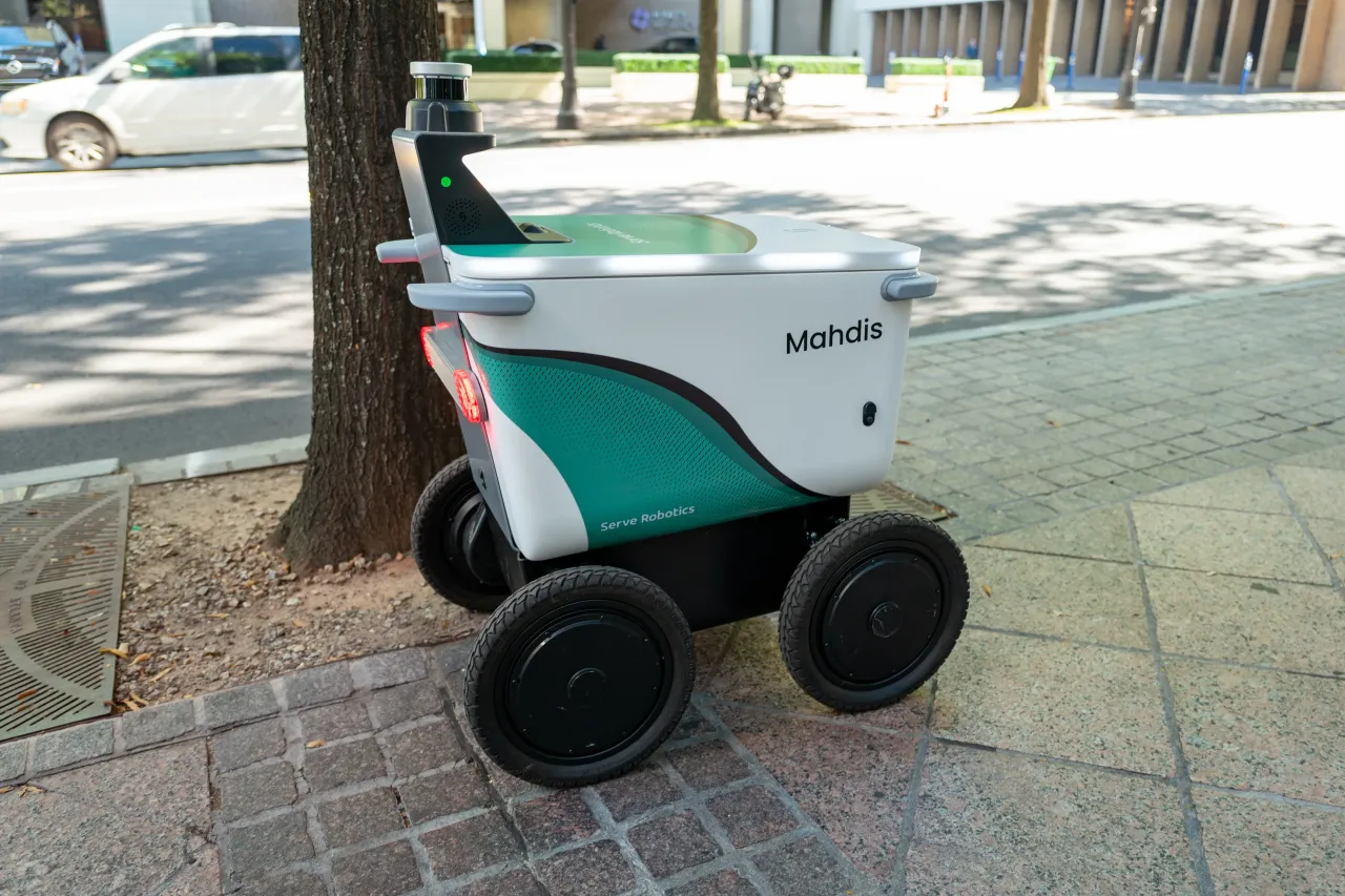 Serve Robotics autonomous delivery robot on the streets of downtown Atlanta, Georgia, United States, October 23, 2025. 