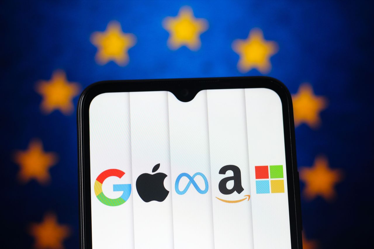 In this photo illustration, the Google, Apple, Meta, Amazon and Microsoft (Big Tech) logo is seen displayed on a smartphone screen. (Photo Illustration by Thomas Fuller/SOPA Images/LightRocket via Getty Images)