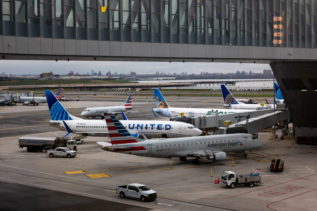 Planes line up on the tarmac at LaGuardia Airport on November 10, 2025 in New York City.