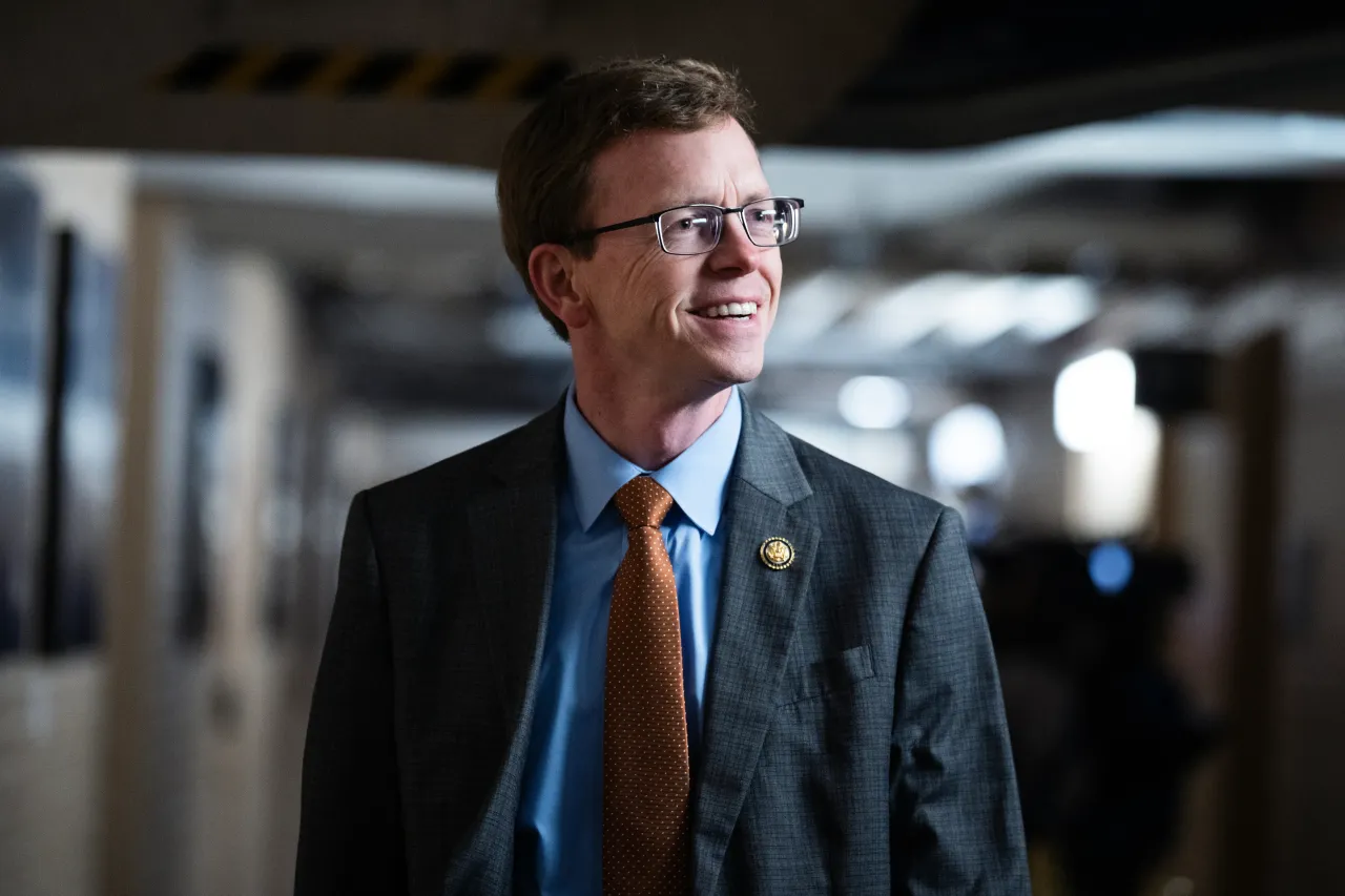 Rep. Dusty Johnson, R-S.D., arrives to a meeting of the House Republican Conference in the U.S. Capitol on Tuesday, November 18, 2025. (Tom Williams/CQ-Roll Call, Inc via Getty Images)