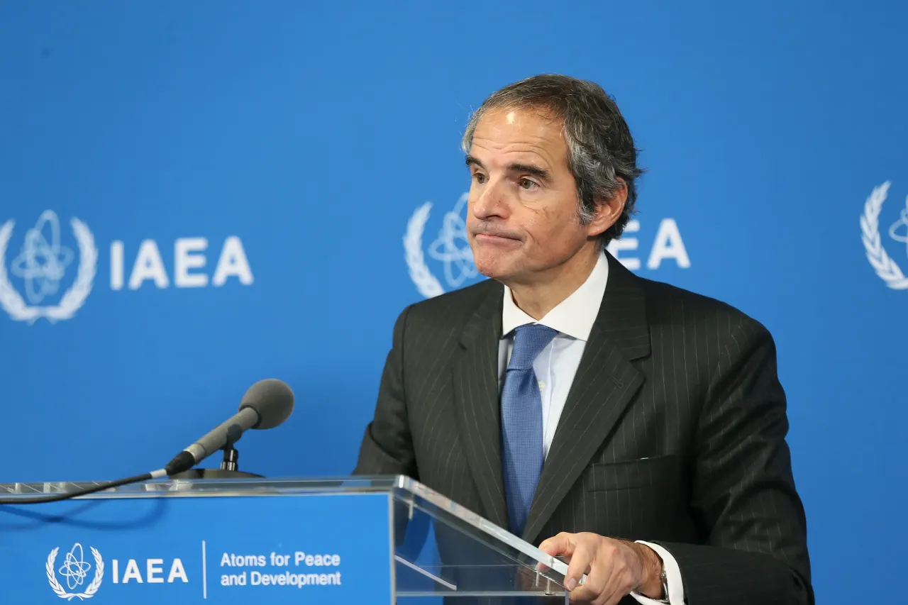 IAEA Director General Rafael Mariano Grossi makes a speech during a press conference following the IAEA Board of Governors meeting in Vienna.