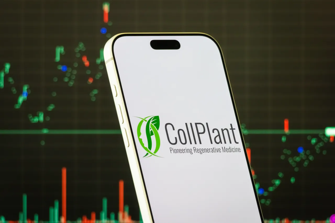 In this photo illustration, a smartphone displays the logo of CollPlant Biotechnologies Ltd., an Israel-based regenerative and aesthetic medicine company, in Chongqing, China. (Photo illustration by Cheng Xin/Getty Images)