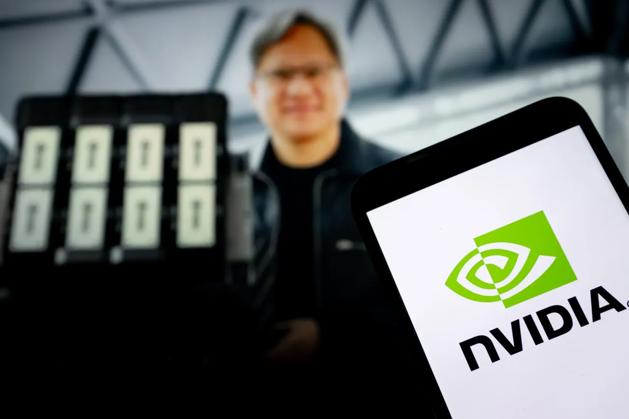 The logo of Nvidia is displayed on a smartphone screen. (Photo by Li Hongbo/VCG via Getty Images)