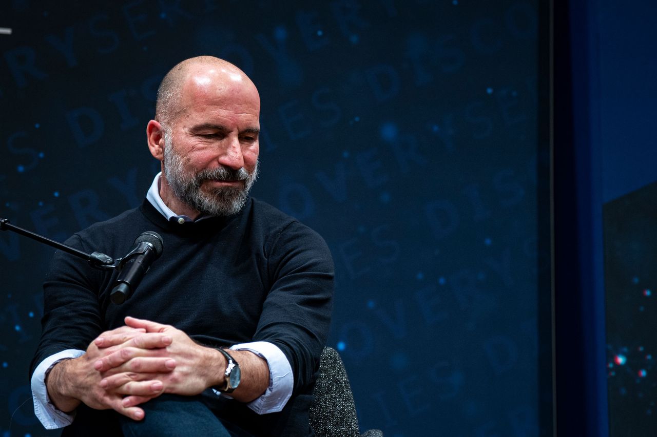 Dara Khosrowshahi, chief executive officer of Uber Technologies Inc., during a recording of the "On With Kara Swisher" podcast at the Johns Hopkins University Bloomberg Center on December 15, 2025 in Washington, DC. (Photo by Al Drago/Getty Images)