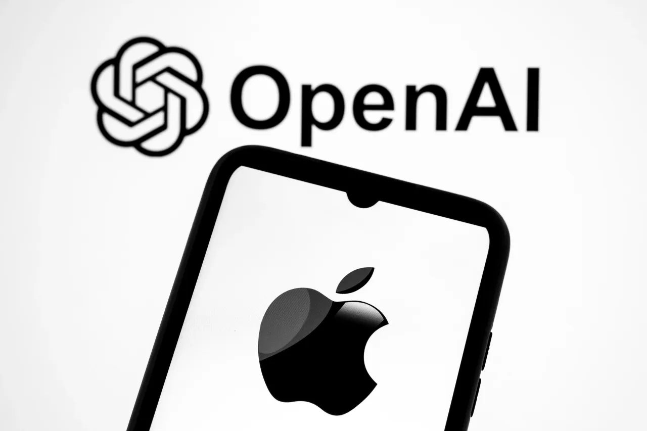 The Apple logo appears on a smartphone screen, and the OpenAI logo displays as the background on a laptop computer screen.