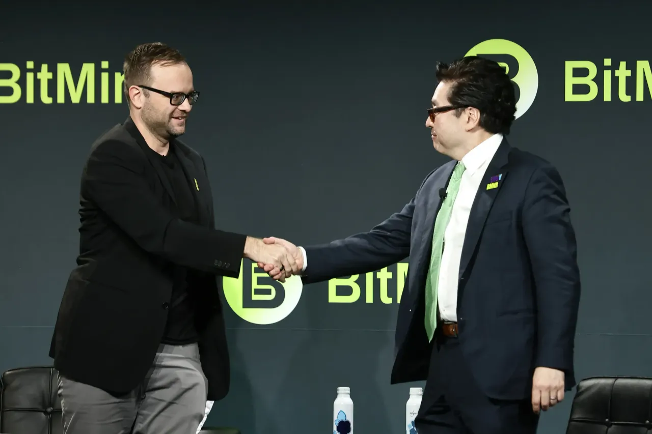 Vladimir Novakovski, Founder and CEO of Lighter and Tom Lee, Chairman of the Board of Bitmine speak onstage during the Bitmine Annual Shareholder Meeting. (Photo by Greg Doherty/Getty Images for Bitmine Immersion Technologies Inc.)