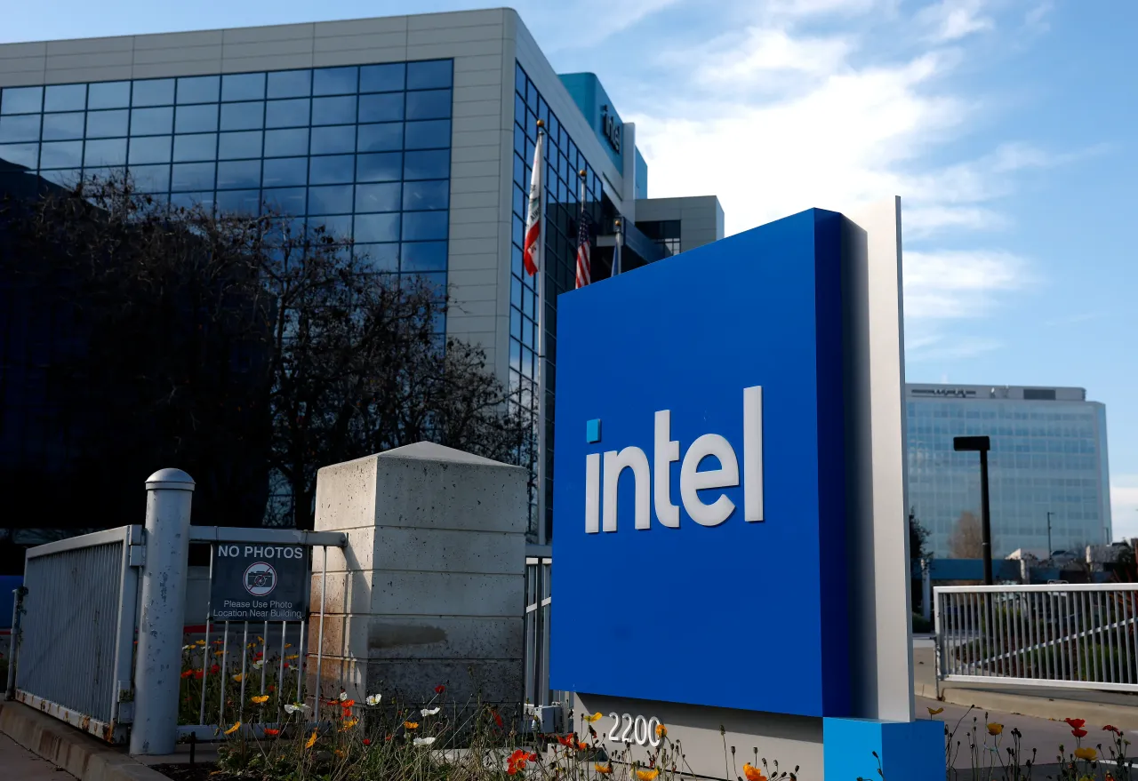 The Intel logo is displayed on a sign in front of Intel headquarters on January 22, 2026 in Santa Clara, California. (Photo by Justin Sullivan/Getty Images)