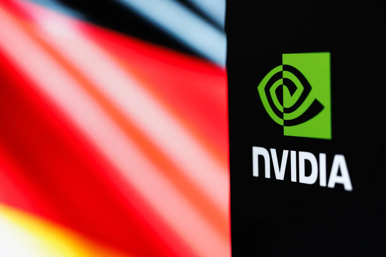 The Nvidia logo and lettering can be seen on a stele in Munich. (Photo: Matthias Balk via Getty Images)